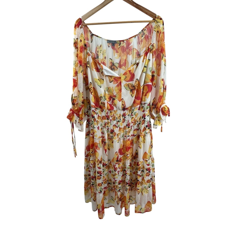 Figueroa Flower 3X Butterfly Print Midi Dress‎ Long Sleeve Tie Cuffs Boho Summer